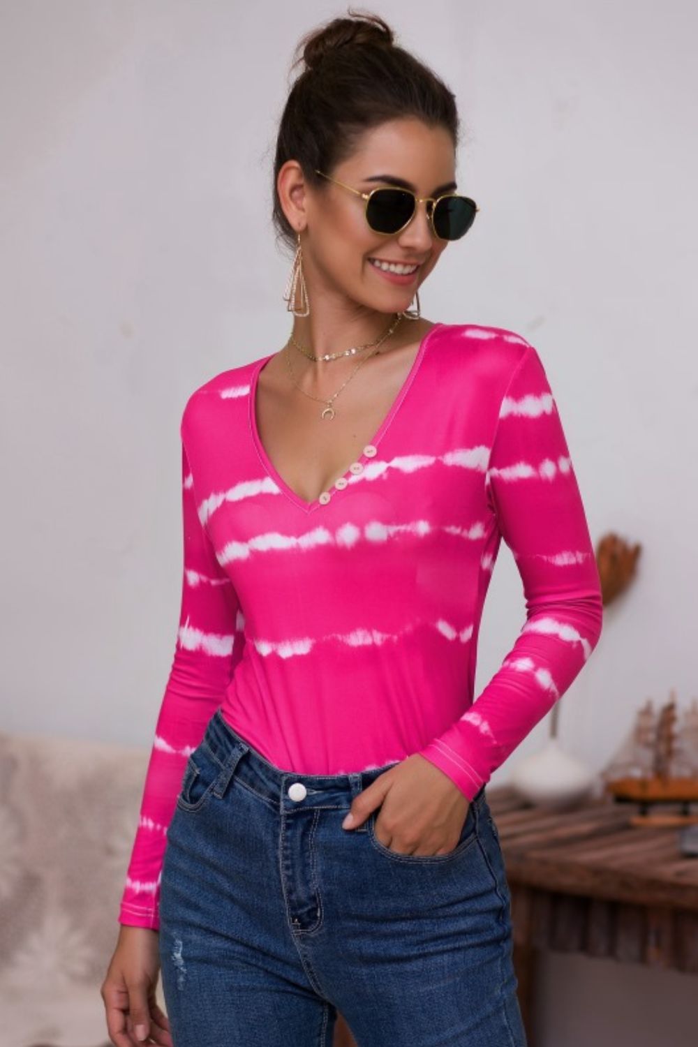 Tie-Dye Plunge Long Sleeve Top - T-Shirts - Shirts & Tops - 3 - 2024