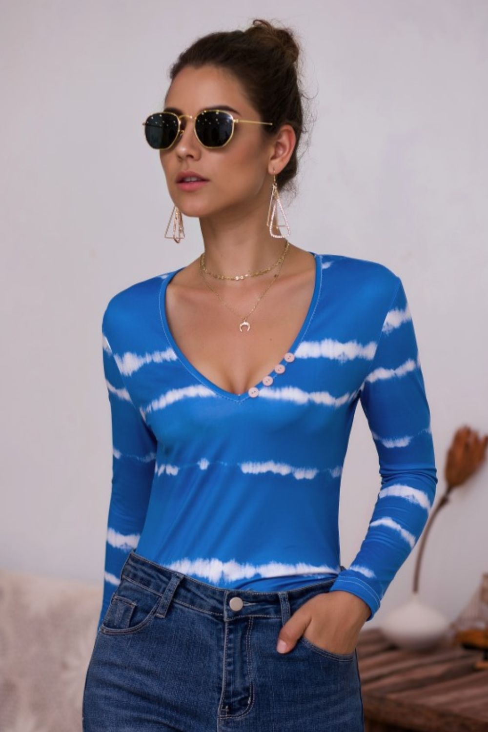 Tie-Dye Plunge Long Sleeve Top - T-Shirts - Shirts & Tops - 8 - 2024