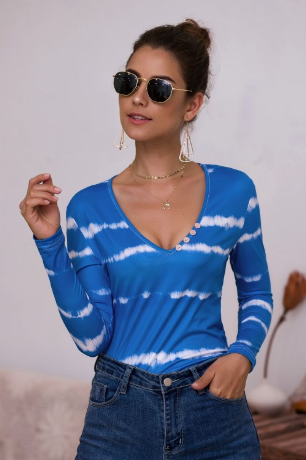 Tie-Dye Plunge Long Sleeve Top - T-Shirts - Shirts & Tops - 10 - 2024