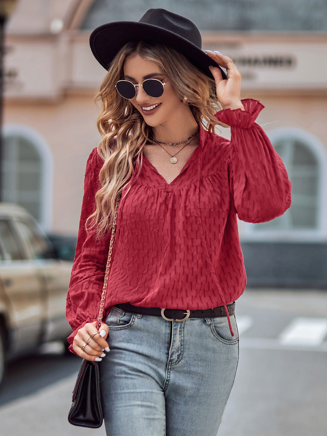 Tie Neck Flounce Sleeve Blouse - Red / S - T-Shirts - Shirts & Tops - 1 - 2024