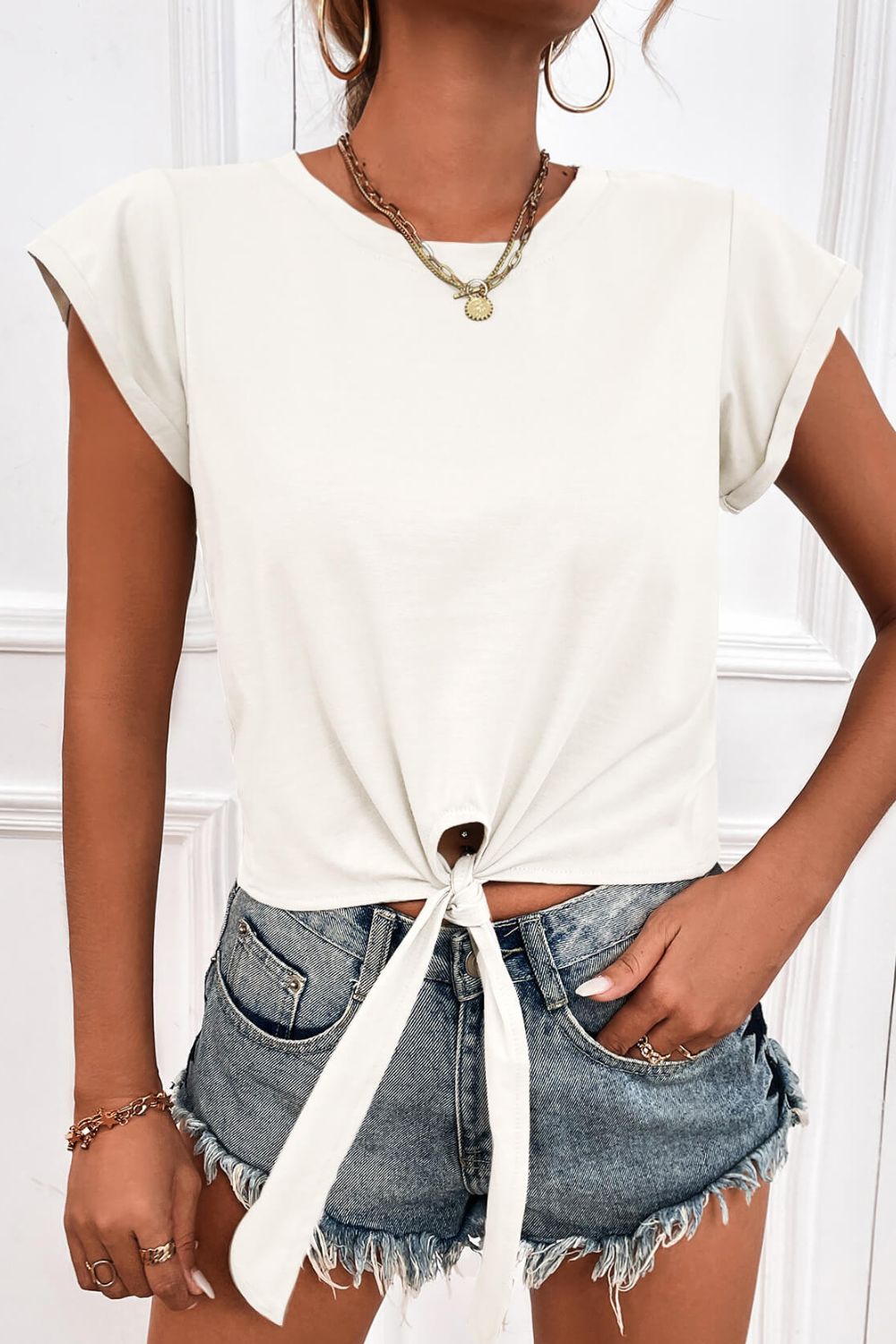 Tied Round Neck Crop Tee - T-Shirts - Shirts & Tops - 16 - 2024