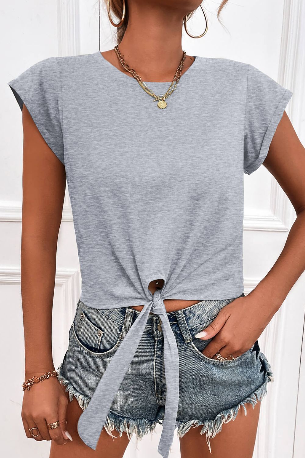Tied Round Neck Crop Tee - Gray / S - T-Shirts - Shirts & Tops - 11 - 2024