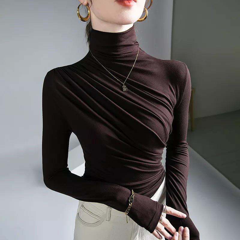 Turtleneck Pleated Stretch T-Shirt - Autumn/Winter Harajuku Gothic Pullover - Dark Brown / S - T-Shirts - Shirts & Tops