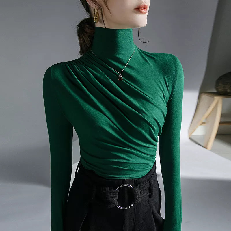 Turtleneck Pleated Stretch T-Shirt - Autumn/Winter Harajuku Gothic Pullover - green / S - T-Shirts - Shirts & Tops - 7