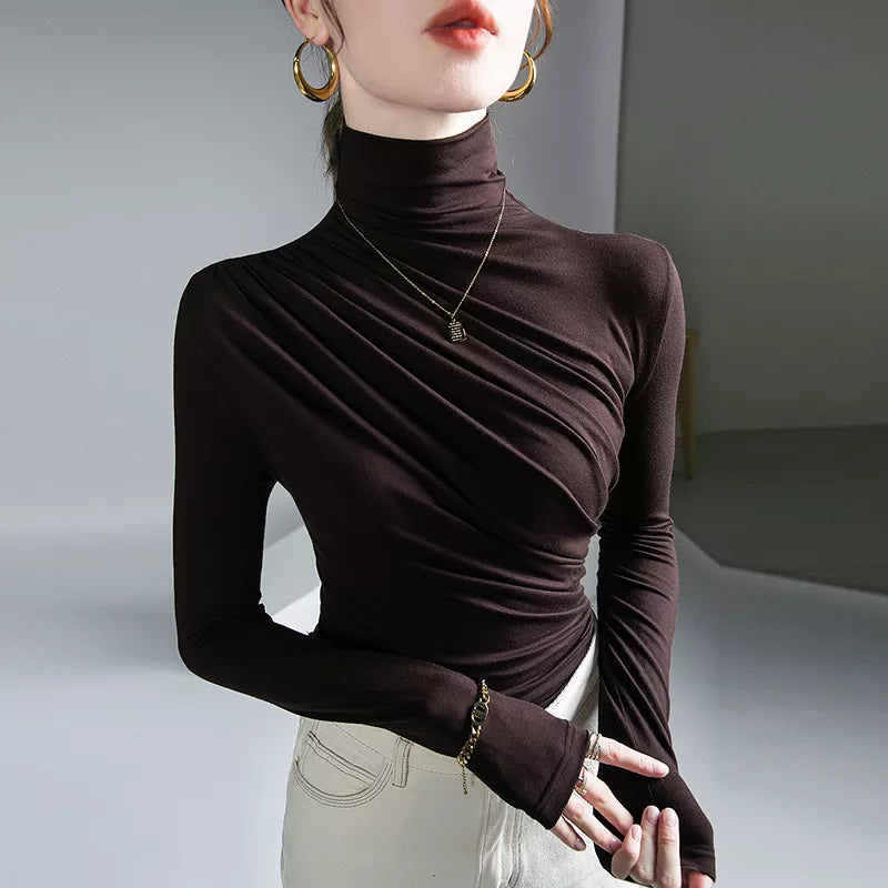 Turtleneck Pleated Stretch T-Shirt - Autumn/Winter Harajuku Gothic Pullover - T-Shirts - Shirts & Tops - 1 - 2024