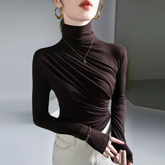 Turtleneck Pleated Stretch T-Shirt - Autumn/Winter Harajuku Gothic Pullover - T-Shirts - Shirts & Tops - 1 - 2024