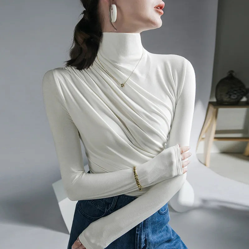 Turtleneck Pleated Stretch T-Shirt - Autumn/Winter Harajuku Gothic Pullover - WHITE / S - T-Shirts - Shirts & Tops - 4