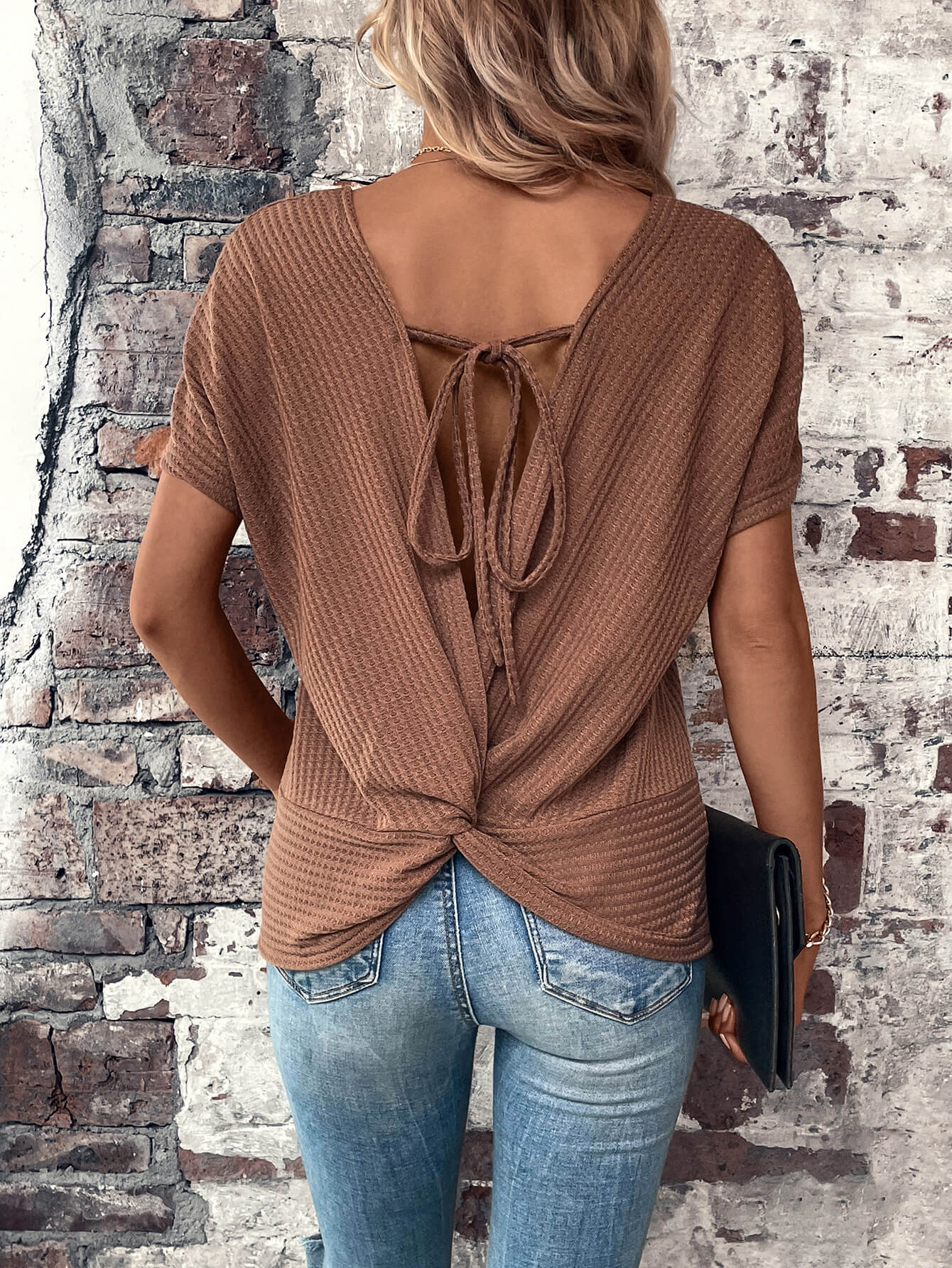 Twisted Back Tie Round Neck T-Shirt - Brown / XS - T-Shirts - Shirts & Tops - 5 - 2024