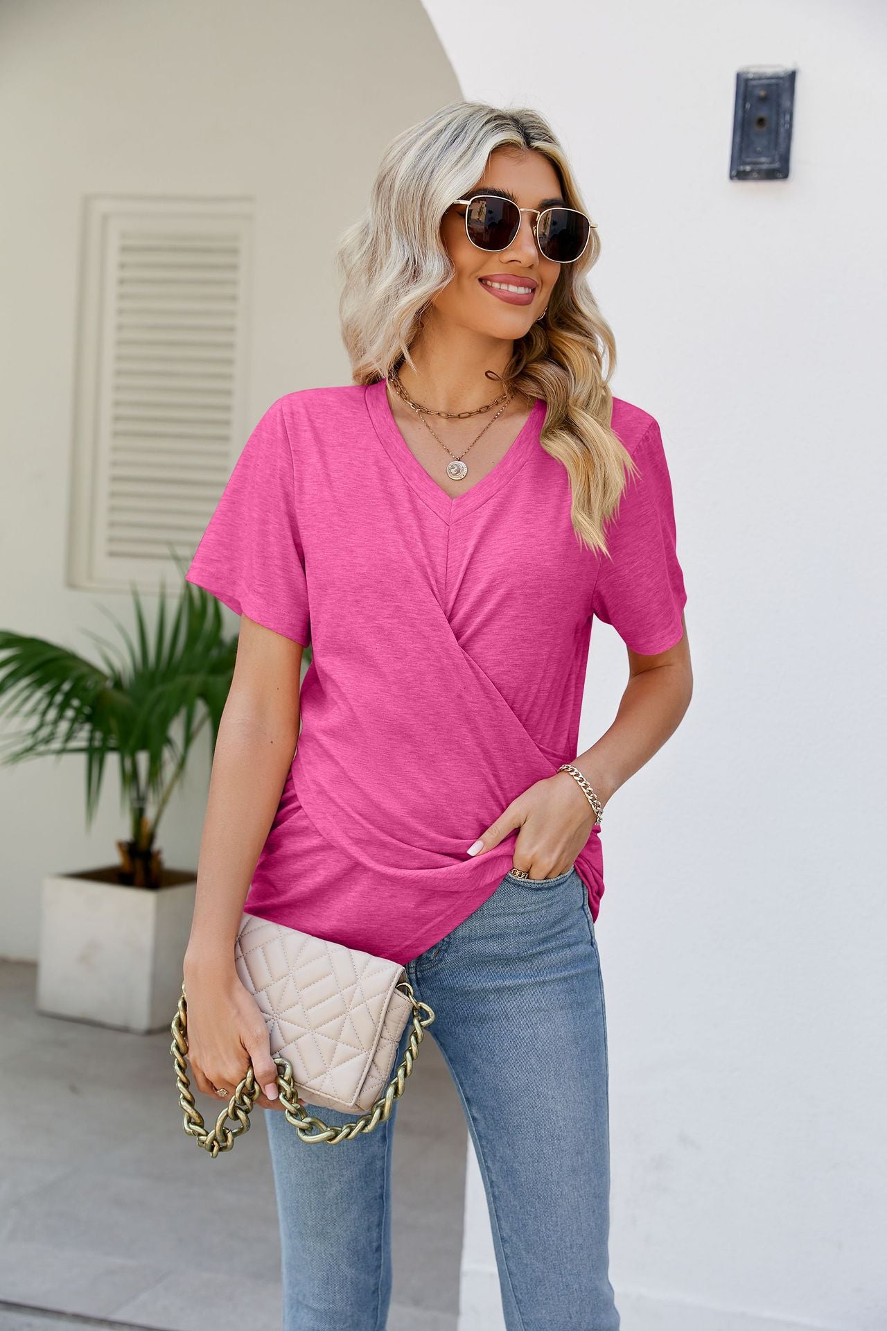 V-Neck Crisscross Short Sleeve Tee - Pink / S - T-Shirts - Shirts & Tops - 25 - 2024