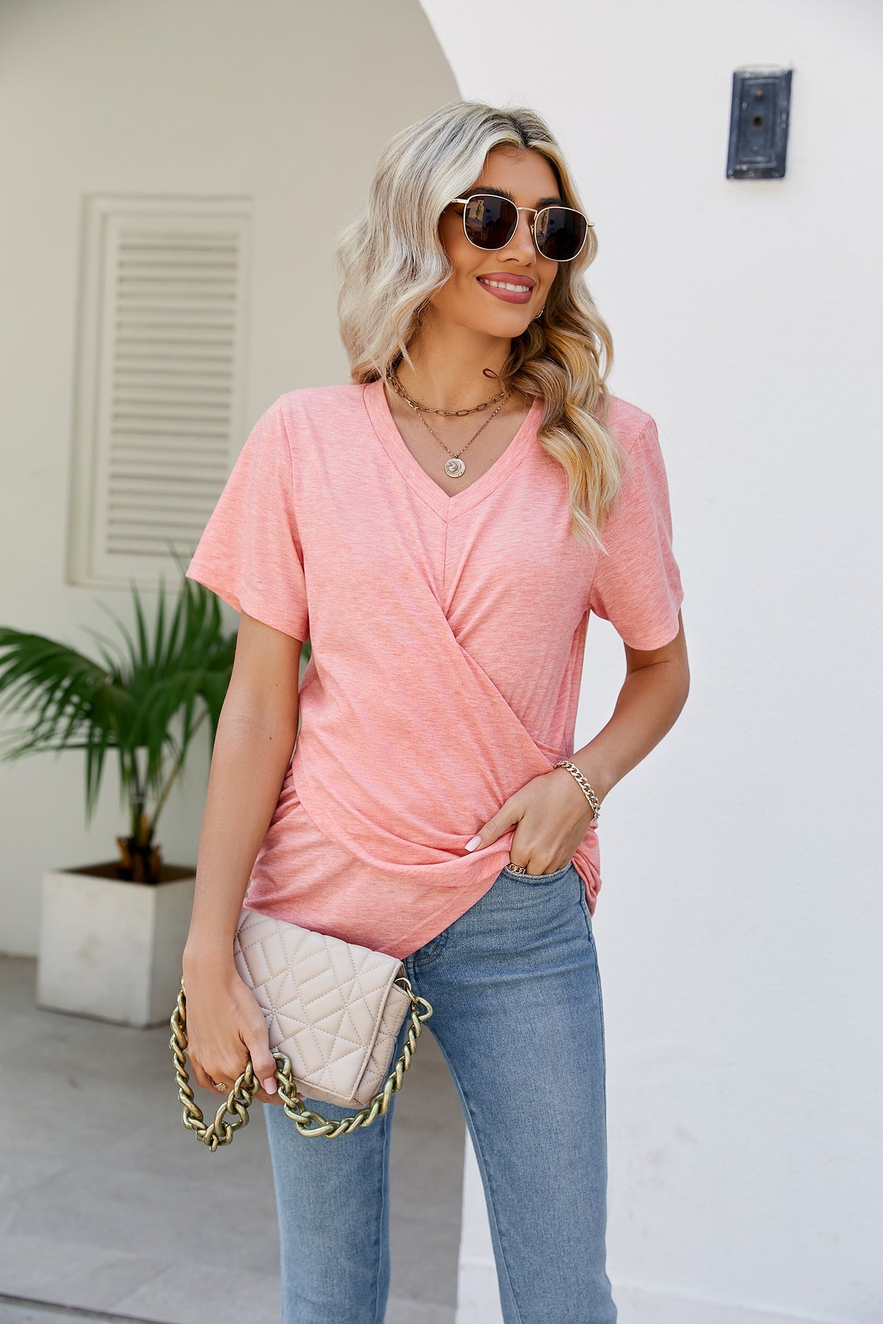 V-Neck Crisscross Short Sleeve Tee - Light Pink / S - T-Shirts - Shirts & Tops - 29 - 2024