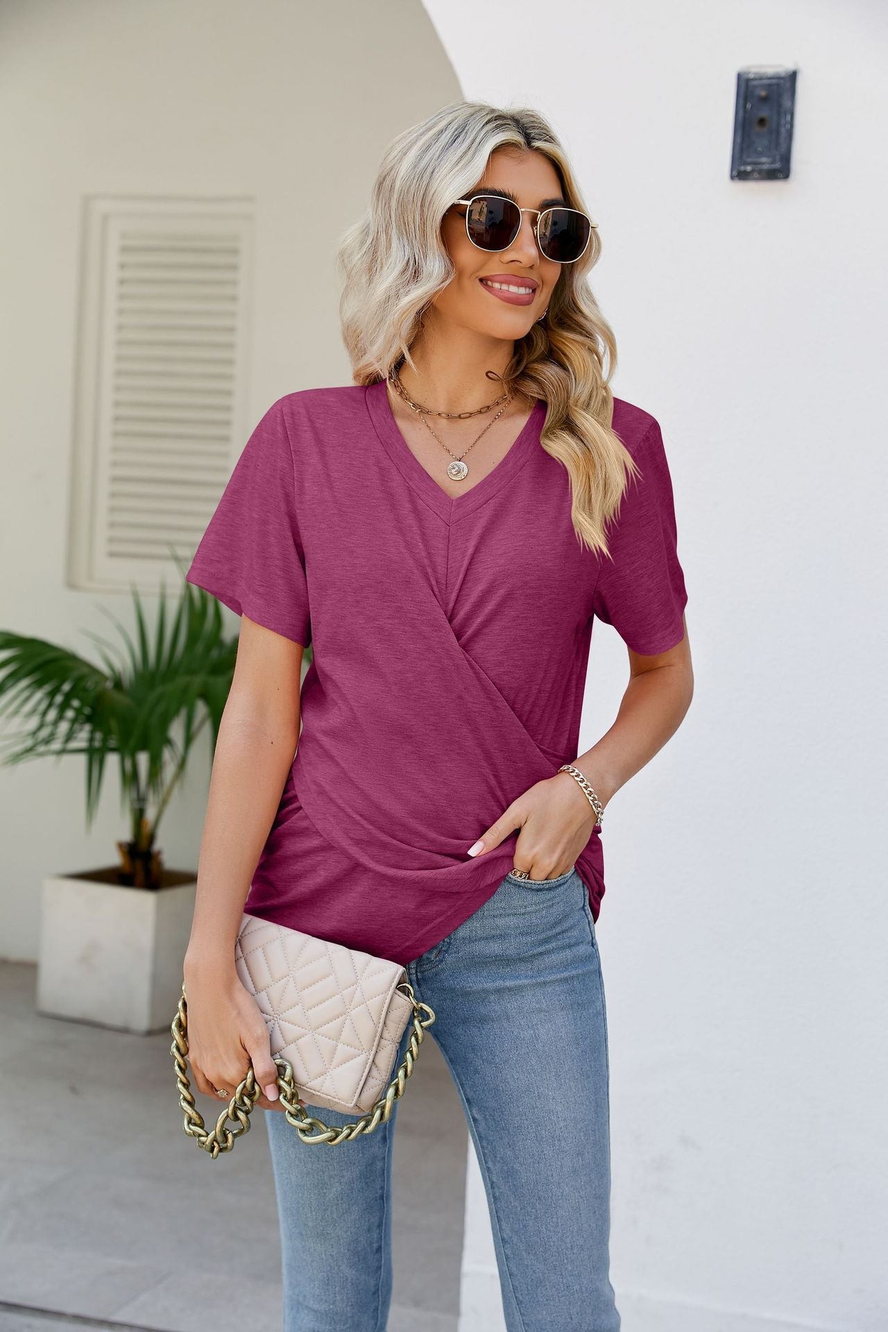 V-Neck Crisscross Short Sleeve Tee - Purple / S - T-Shirts - Shirts & Tops - 17 - 2024