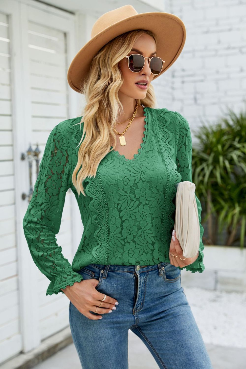 V-Neck Flounce Sleeve Lace Top - Green / S - T-Shirts - Dresses - 4 - 2024