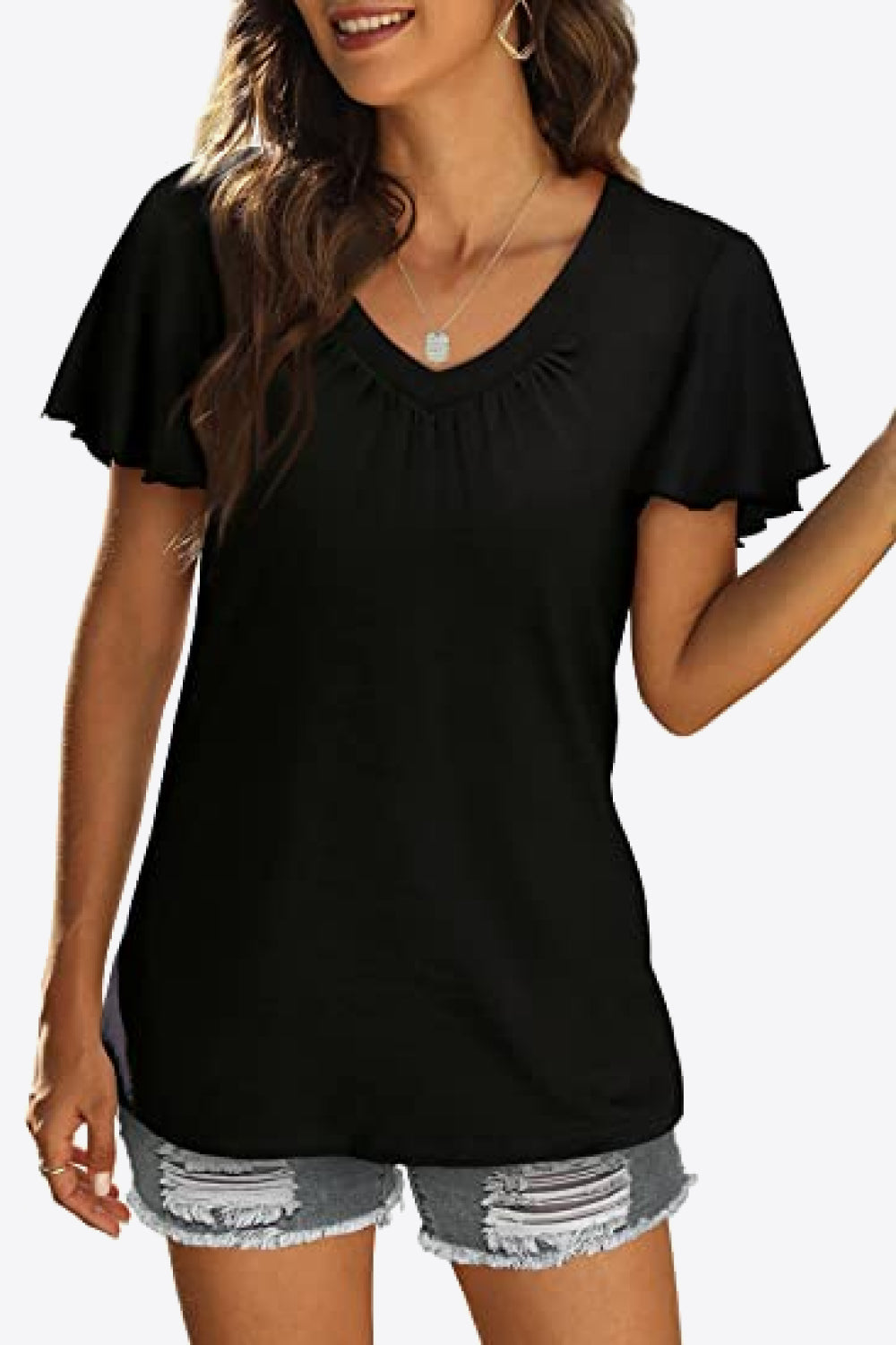V-Neck Flutter Sleeve Tee Shirt - Black / S - T-Shirts - Shirts & Tops - 4 - 2024