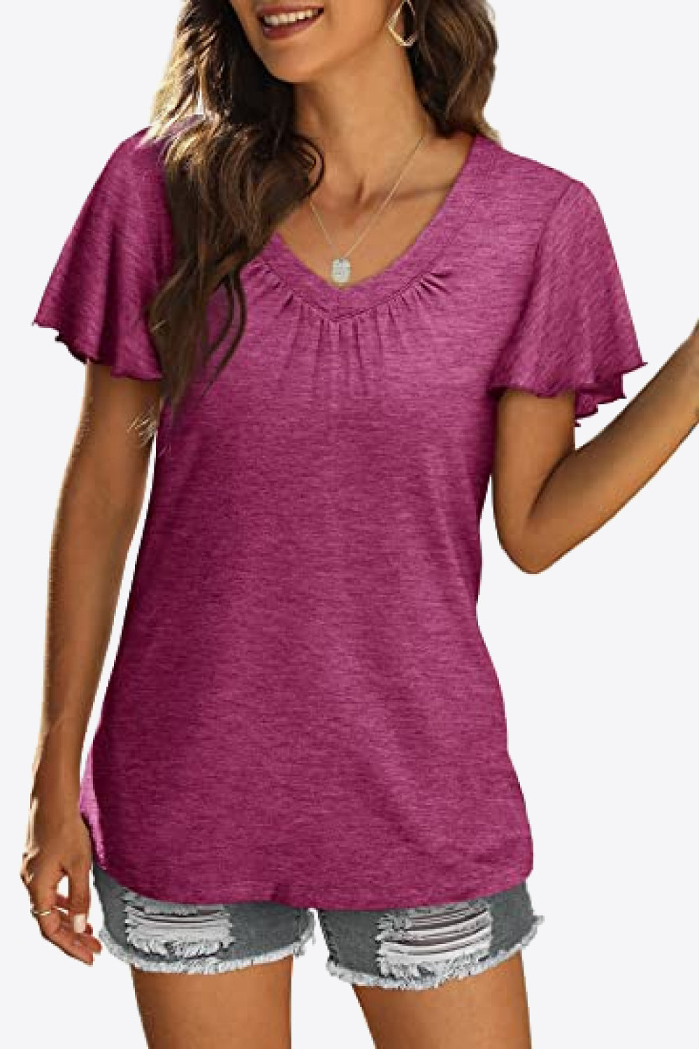 V-Neck Flutter Sleeve Tee Shirt - Purple / S - T-Shirts - Shirts & Tops - 7 - 2024