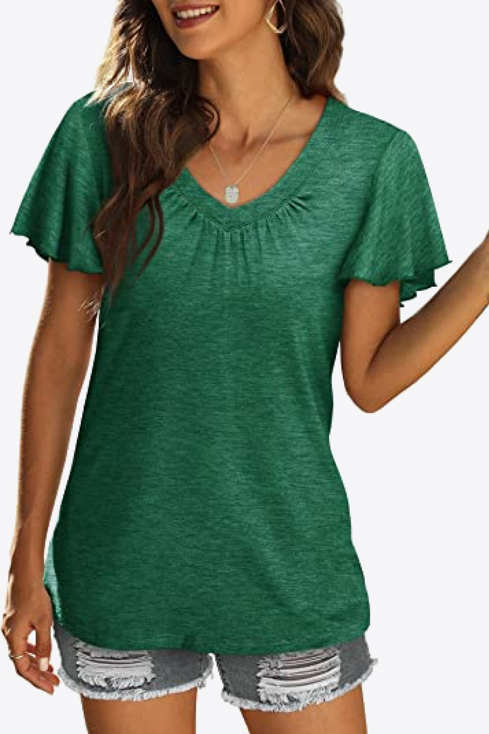 V-Neck Flutter Sleeve Tee Shirt - Green / S - T-Shirts - Shirts & Tops - 16 - 2024