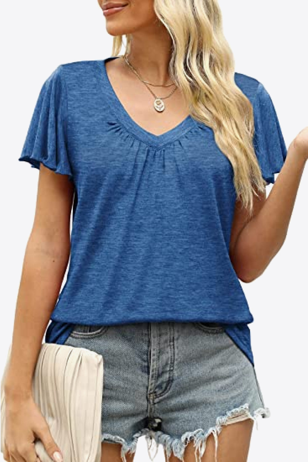 V-Neck Flutter Sleeve Tee Shirt - T-Shirts - Shirts & Tops - 3 - 2024