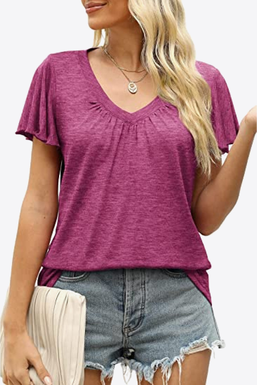 V-Neck Flutter Sleeve Tee Shirt - T-Shirts - Shirts & Tops - 8 - 2024