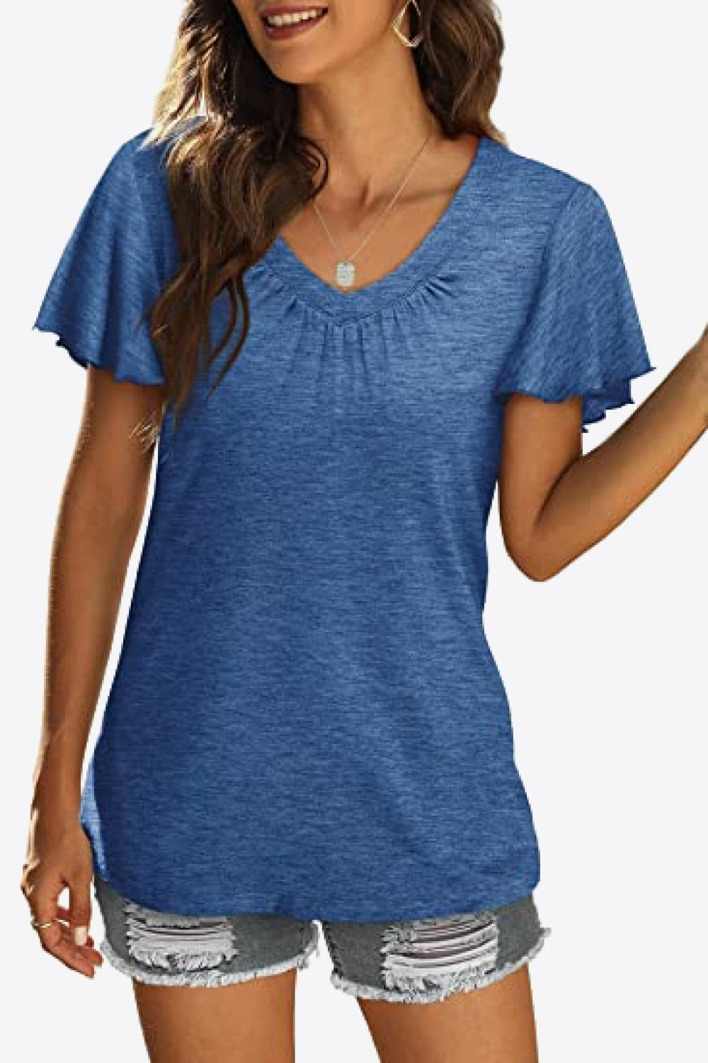 V-Neck Flutter Sleeve Tee Shirt - Blue / S - T-Shirts - Shirts & Tops - 1 - 2024