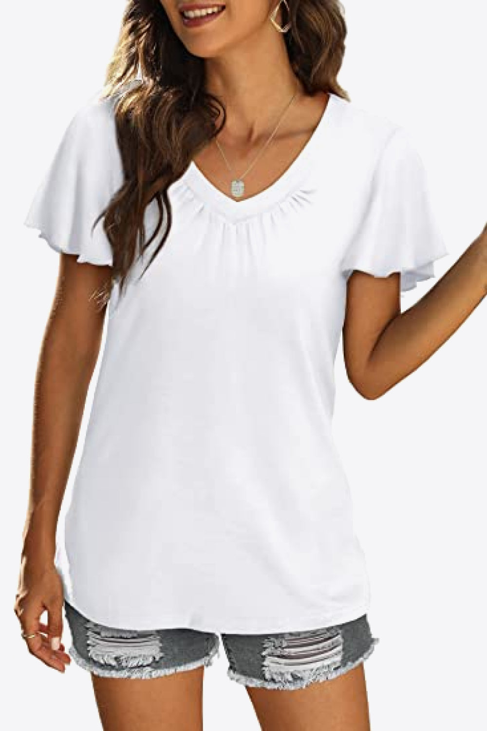 V-Neck Flutter Sleeve Tee Shirt - White / S - T-Shirts - Shirts & Tops - 10 - 2024