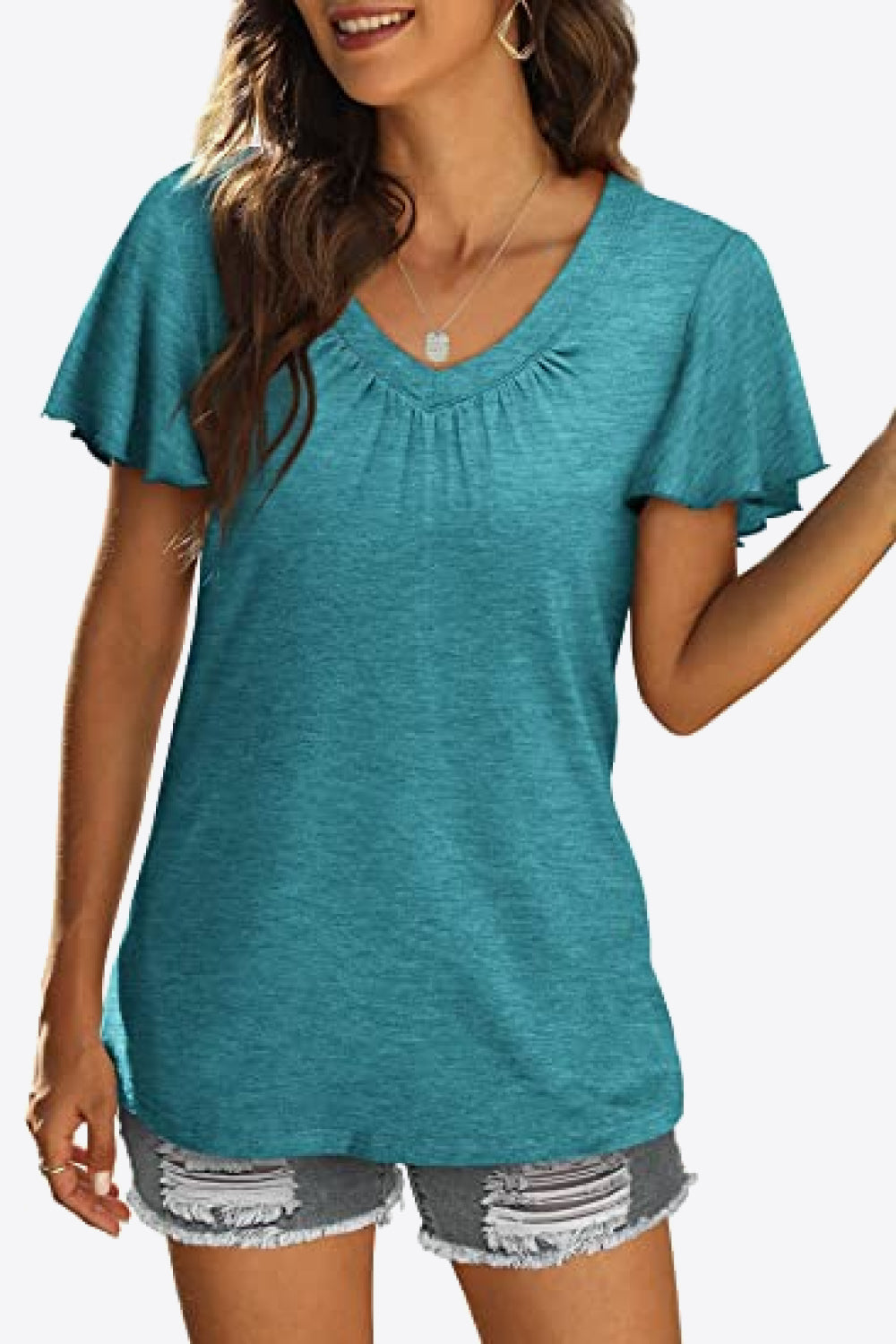 V-Neck Flutter Sleeve Tee Shirt - Teal / S - T-Shirts - Shirts & Tops - 19 - 2024