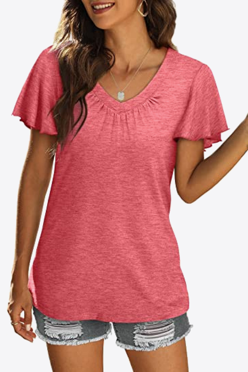 V-Neck Flutter Sleeve Tee Shirt - Pink / S - T-Shirts - Shirts & Tops - 13 - 2024