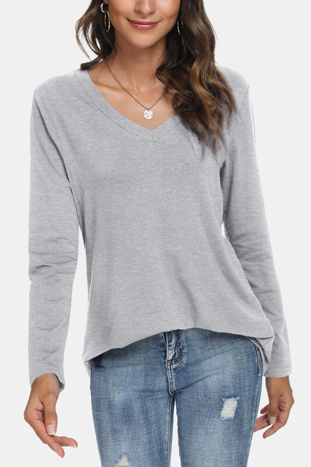 V-Neck Long Sleeve T-Shirt - Light Gray / XS - T-Shirts - Shirts & Tops - 4 - 2024