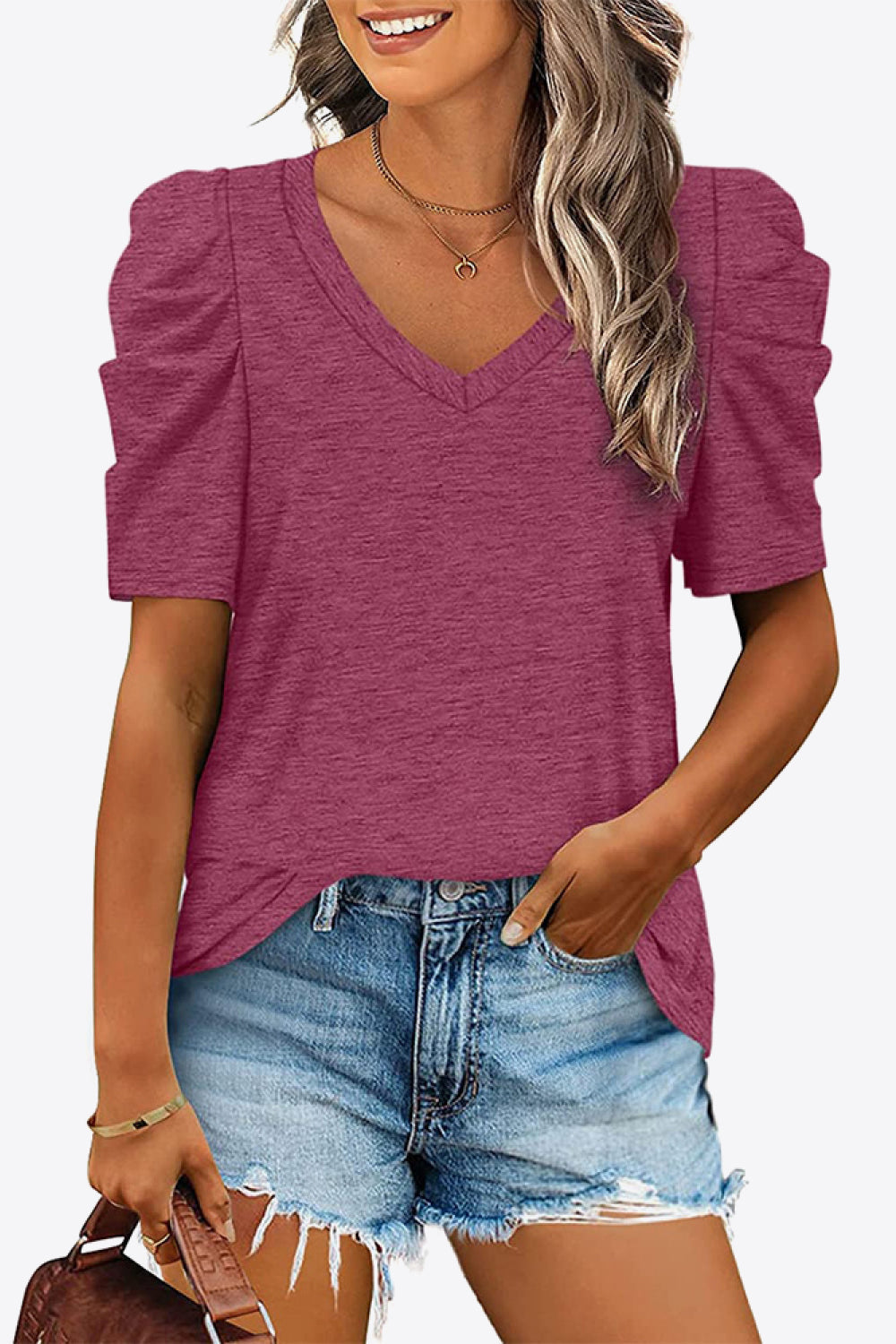 V-Neck Puff Sleeve Tee - Purple / S - T-Shirts - Shirts & Tops - 13 - 2024