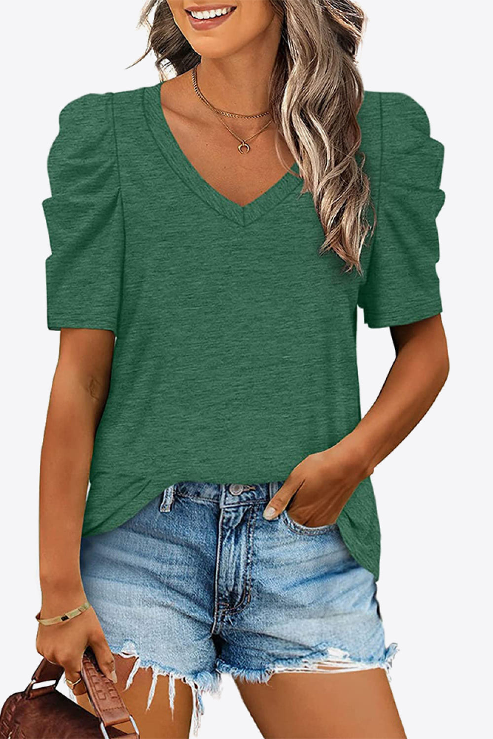 V-Neck Puff Sleeve Tee - Green / S - T-Shirts - Shirts & Tops - 16 - 2024