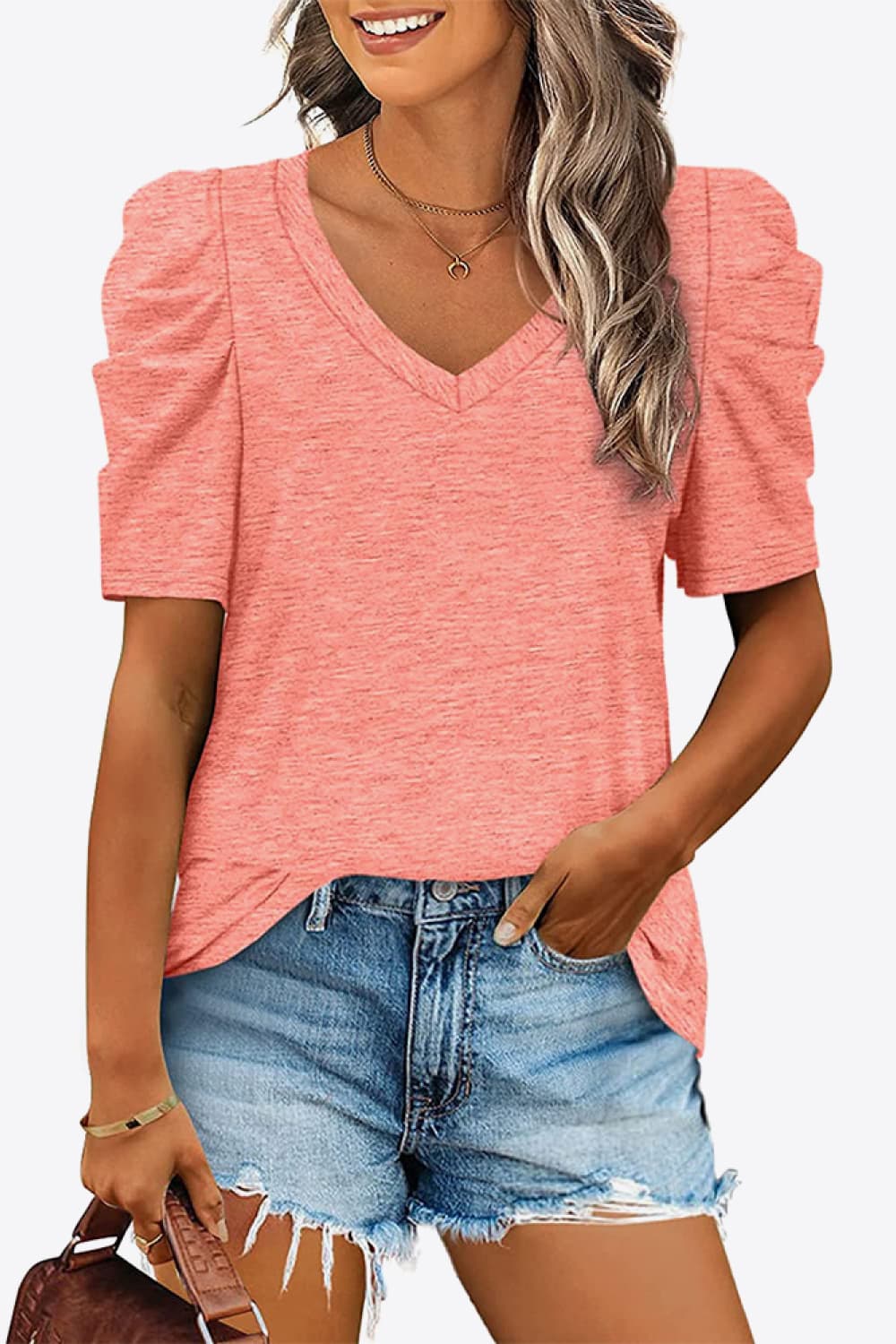V-Neck Puff Sleeve Tee - Pink / S - T-Shirts - Shirts & Tops - 7 - 2024