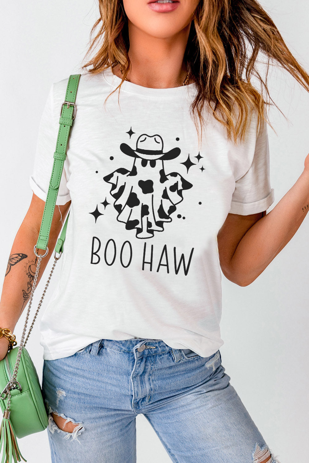 V-Neck Short Sleeve BOO HAW Ghost Graphic T-Shirt - T-Shirts - Shirts & Tops - 3 - 2024