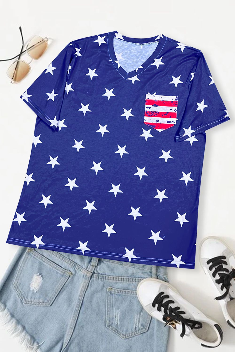 V-Neck Short Sleeve US Flag T-Shirt - T-Shirts - Shirts & Tops - 2 - 2024