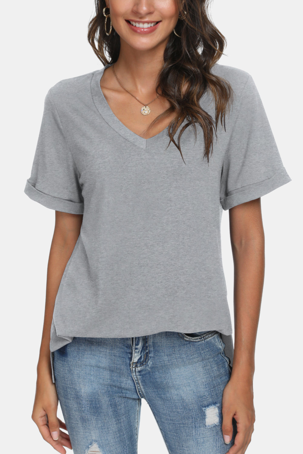 V-Neck Short Sleeve Slit T-Shirt - T-Shirts - Shirts & Tops - 2 - 2024