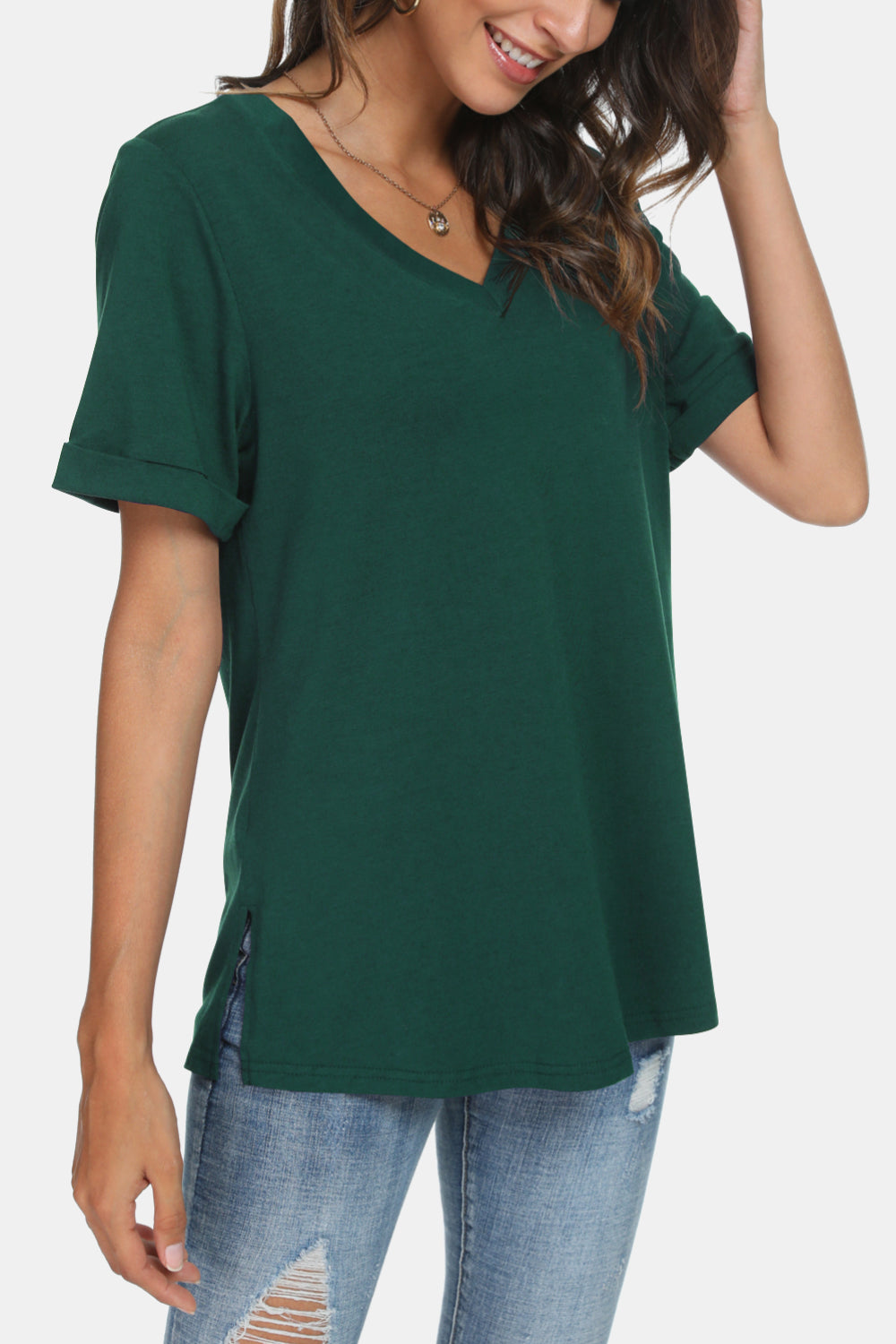 V-Neck Short Sleeve Slit T-Shirt - T-Shirts - Shirts & Tops - 10 - 2024