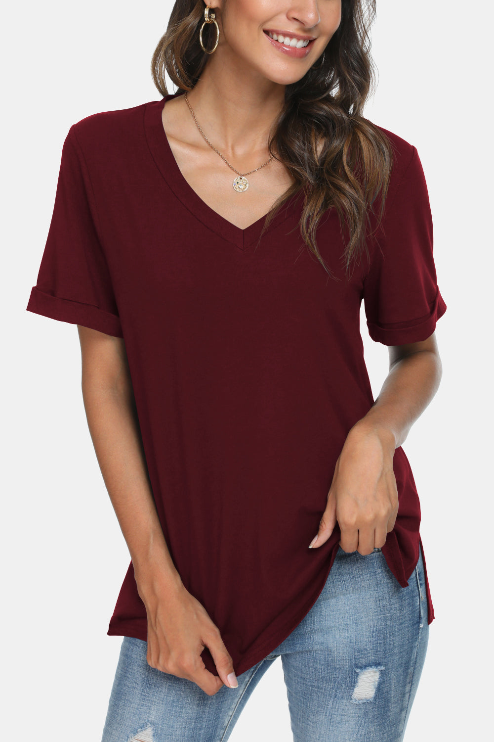 V-Neck Short Sleeve Slit T-Shirt - Red / XS - T-Shirts - Shirts & Tops - 5 - 2024