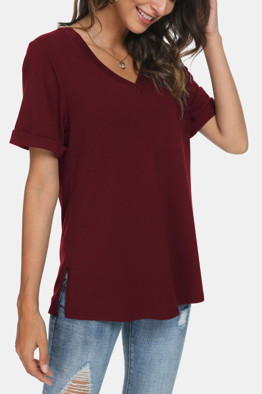 V-Neck Short Sleeve Slit T-Shirt - T-Shirts - Shirts & Tops - 7 - 2024
