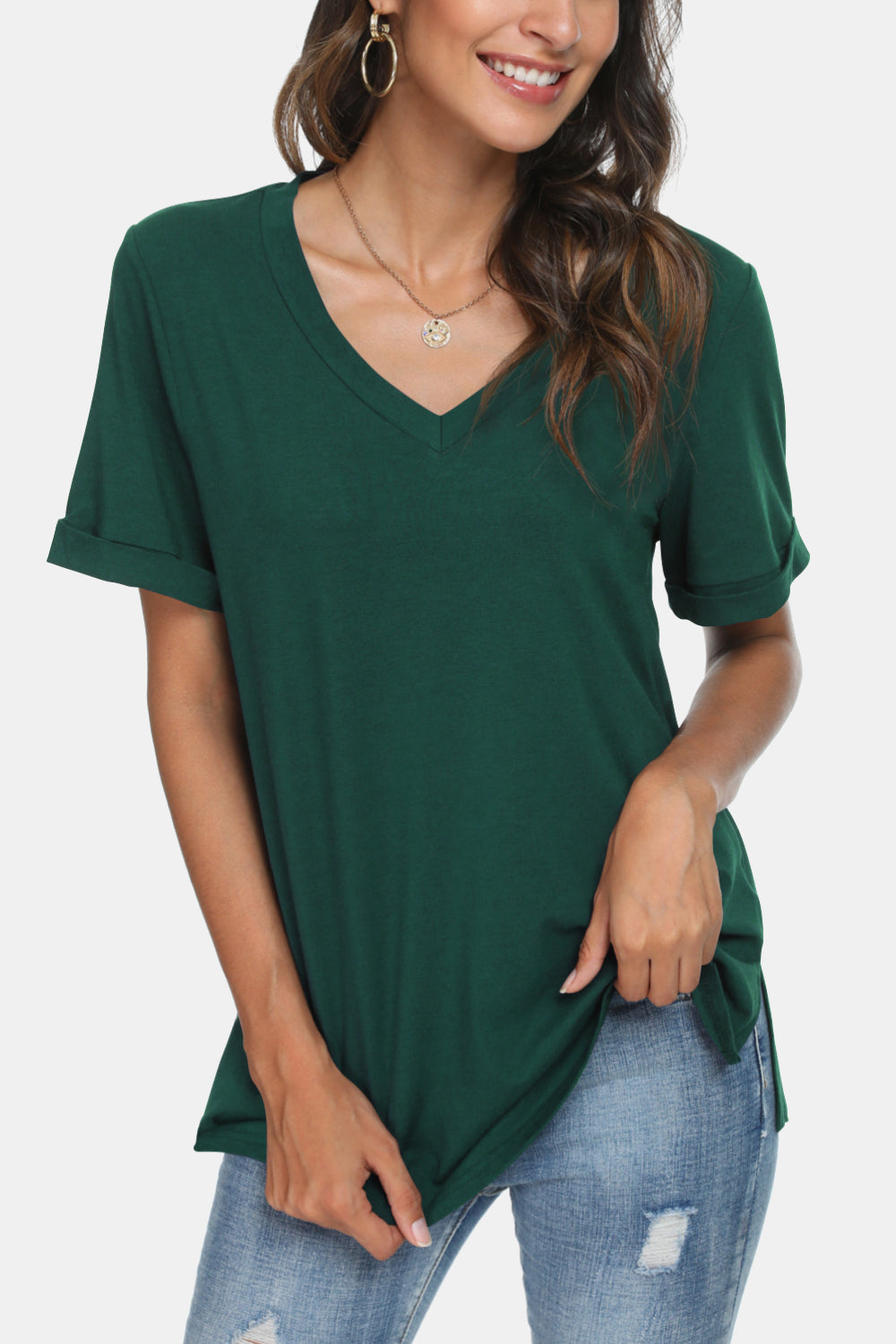 V-Neck Short Sleeve Slit T-Shirt - Green / XS - T-Shirts - Shirts & Tops - 9 - 2024