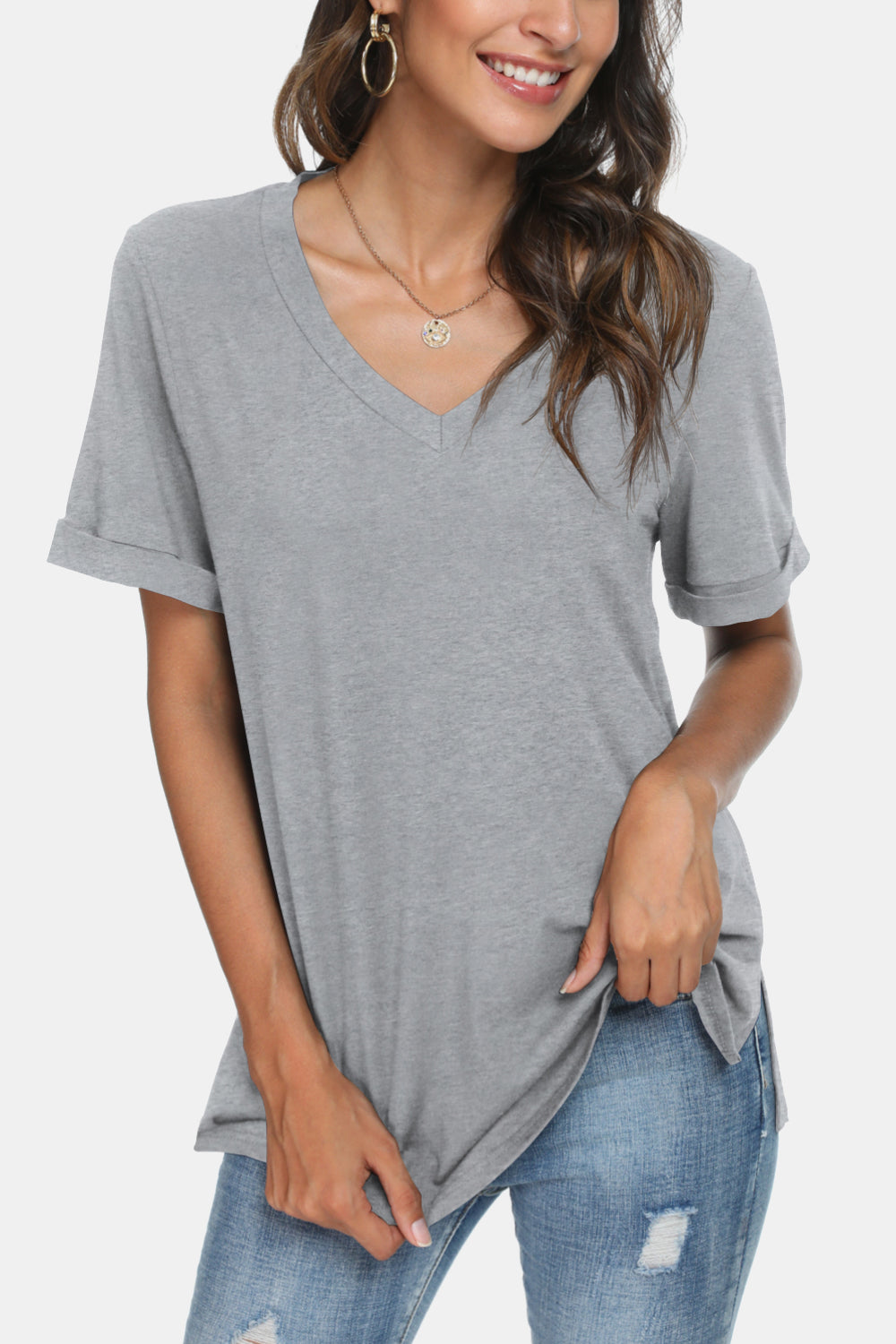 V-Neck Short Sleeve Slit T-Shirt - Gray / XS - T-Shirts - Shirts & Tops - 1 - 2024