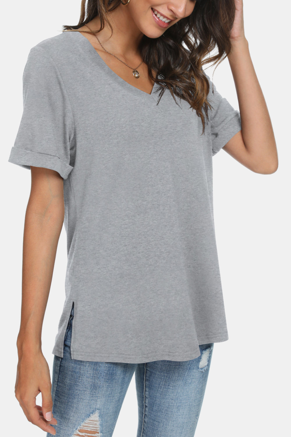 V-Neck Short Sleeve Slit T-Shirt - T-Shirts - Shirts & Tops - 3 - 2024