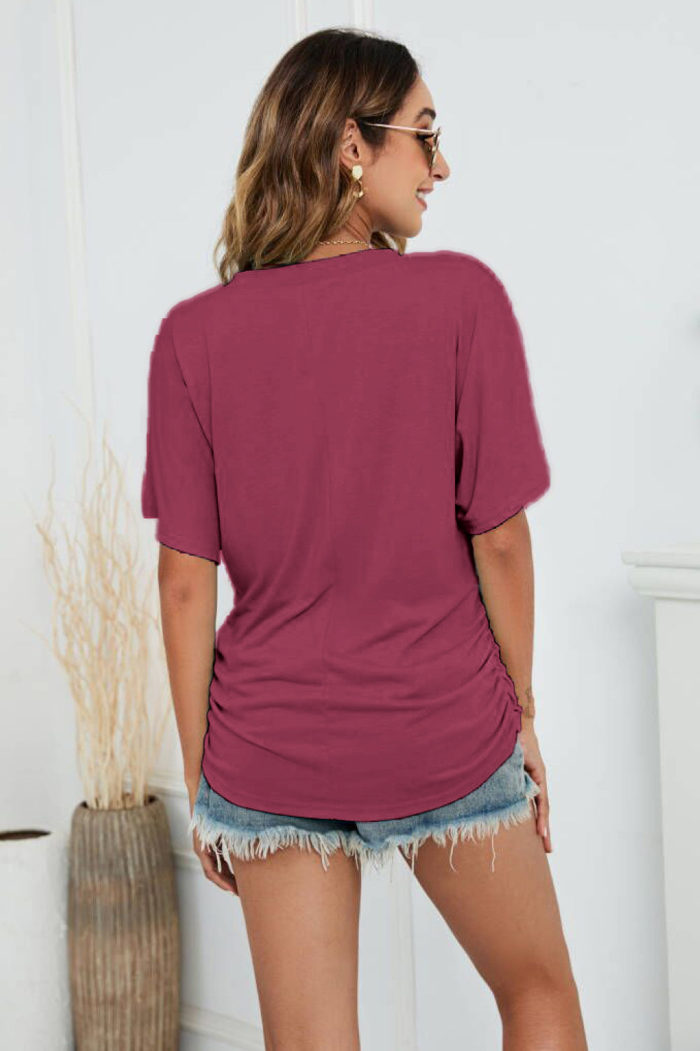 V-Neck Side Ruched Tee - T-Shirts - Shirts & Tops - 15 - 2024