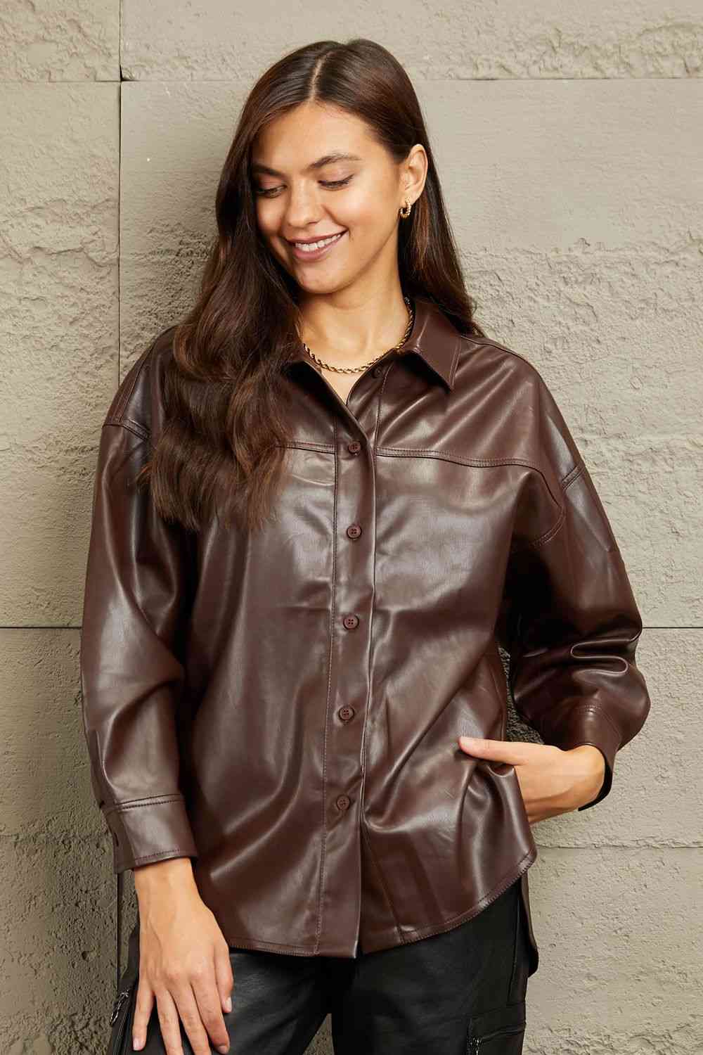 Vegan Leather Button Down Shirt - Burnt Umber / S - T-Shirts - Shirts & Tops - 1 - 2024