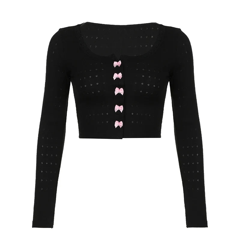 Vintage Bow Crop Top - Cute Y2K Lace Patchwork Long Sleeve Tee - Black / S - T-Shirts - Shirts & Tops - 5 - 2024