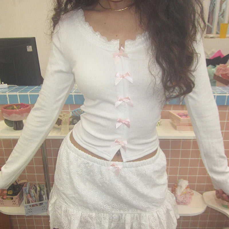 Vintage Bow Crop Top - Cute Y2K Lace Patchwork Long Sleeve Tee - T-Shirts - Shirts & Tops - 4 - 2024