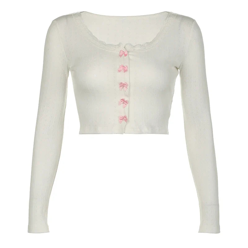 Vintage Bow Crop Top - Cute Y2K Lace Patchwork Long Sleeve Tee - White / S - T-Shirts - Shirts & Tops - 6 - 2024