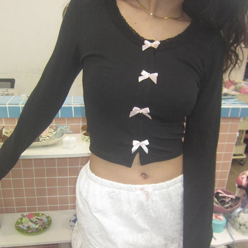 Vintage Bow Crop Top - Cute Y2K Lace Patchwork Long Sleeve Tee - T-Shirts - Shirts & Tops - 1 - 2024