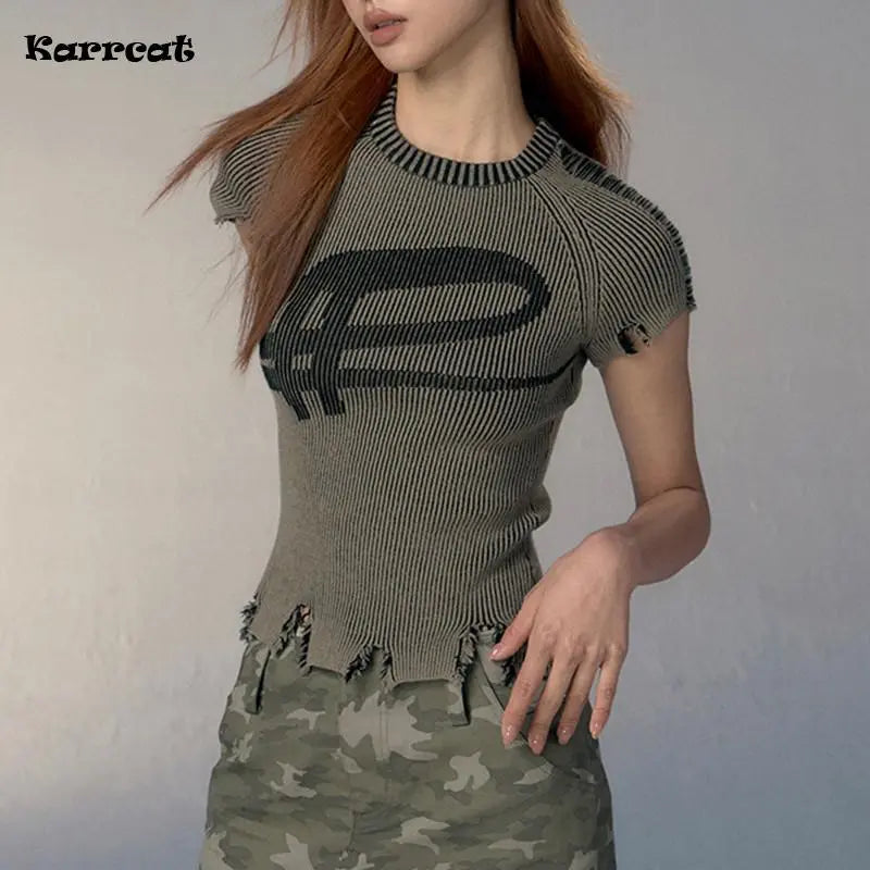 Vintage Distressed Knitted Top - Grunge Aesthetics Crop Tee - T-Shirts - Shirts & Tops - 6 - 2024