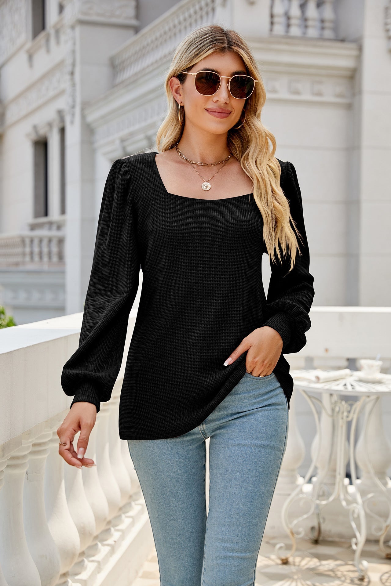 Waffle-Knit Puff Sleeve Square Neck Top - T-Shirts - Shirts & Tops - 28 - 2024