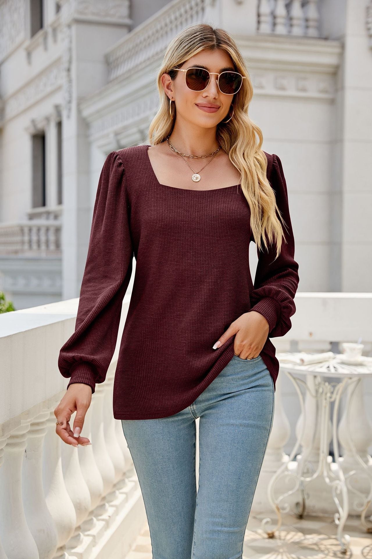 Waffle-Knit Puff Sleeve Square Neck Top - Dark Red / S - T-Shirts - Shirts & Tops - 17 - 2024