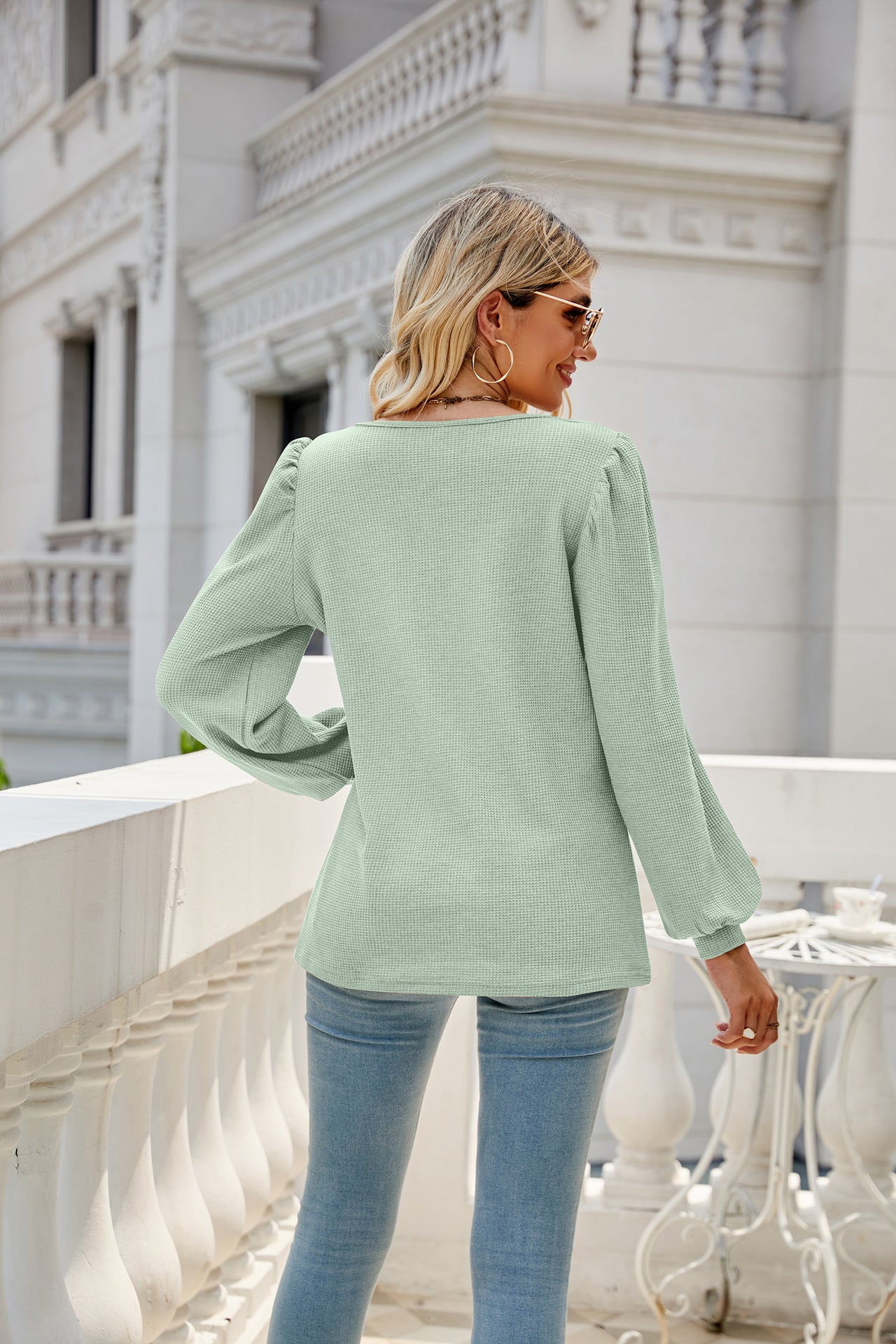 Waffle-Knit Puff Sleeve Square Neck Top - T-Shirts - Shirts & Tops - 2 - 2024