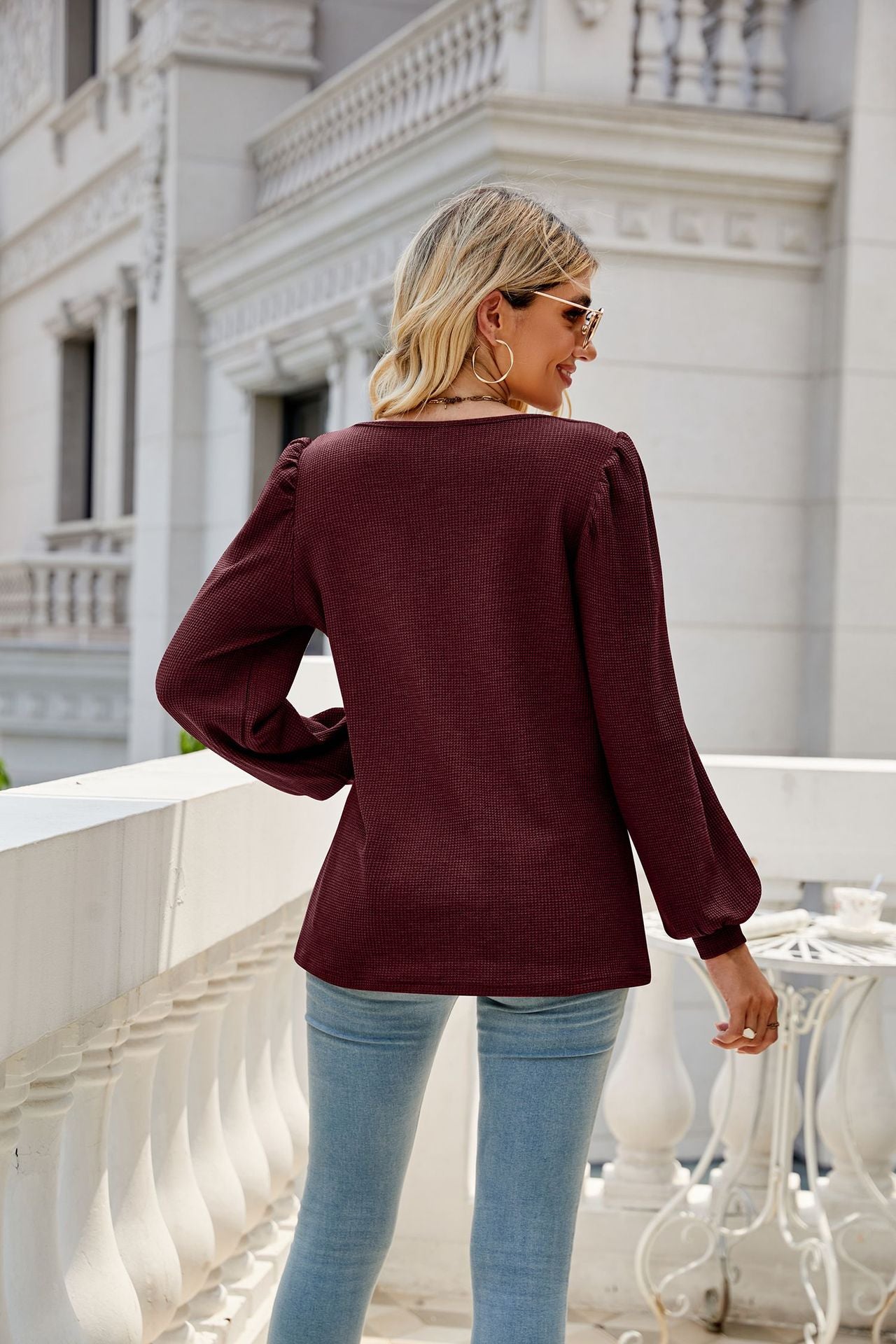 Waffle-Knit Puff Sleeve Square Neck Top - T-Shirts - Shirts & Tops - 20 - 2024