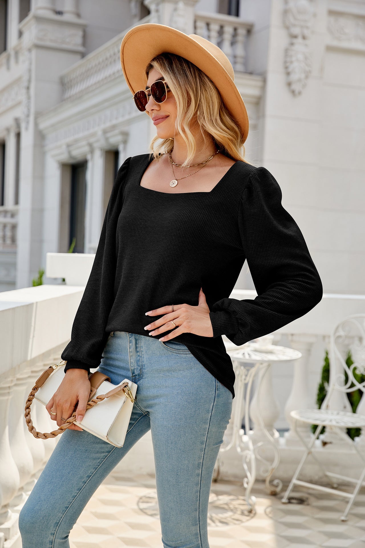 Waffle-Knit Puff Sleeve Square Neck Top - T-Shirts - Shirts & Tops - 15 - 2024